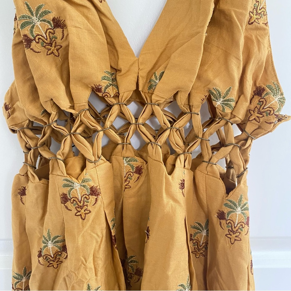 Farm Rio Sand Linen Blend V-Neck Cutout A-Line Midi Dress L NWT Anthropologie - Picture 7 of 7